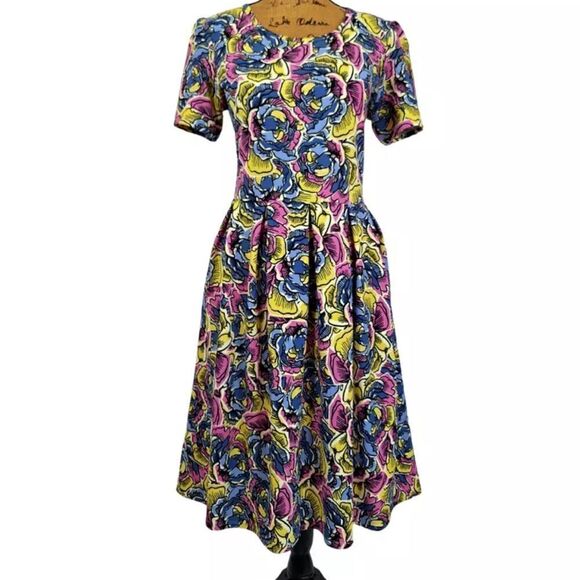 Lularoe Women’s Size Large Fit and Flare Dress Multicolor Floral Short Sleeve - Picture 7 of 16